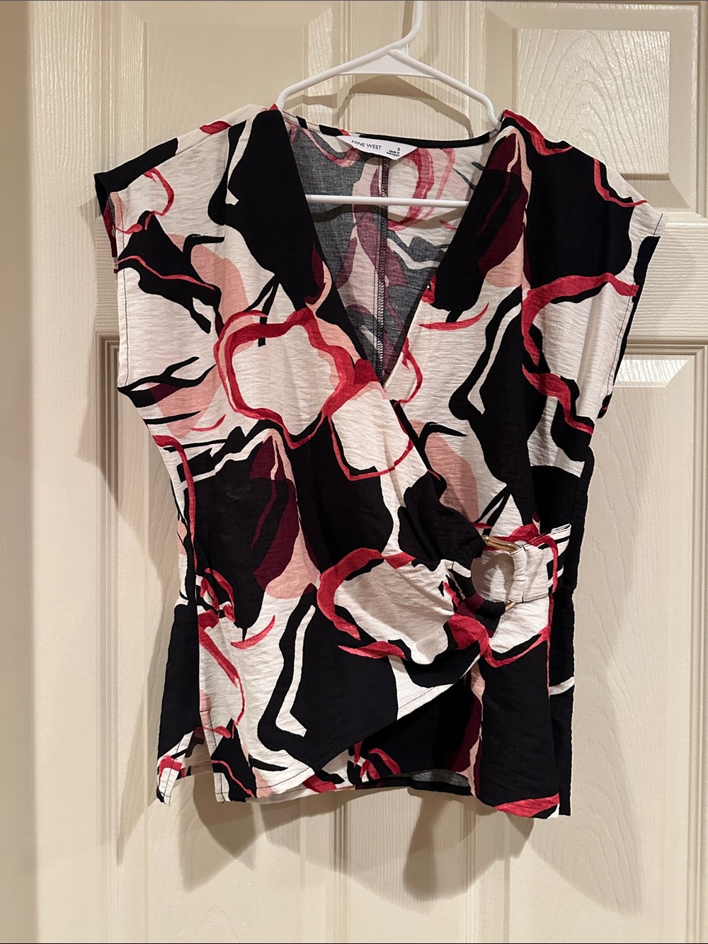 Nine West Abstract Wrap Blouse in Black, Red & Cream
